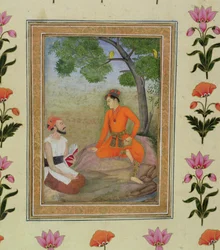 A prince in discussion with a religious man holding a book, from the Small Clive Album